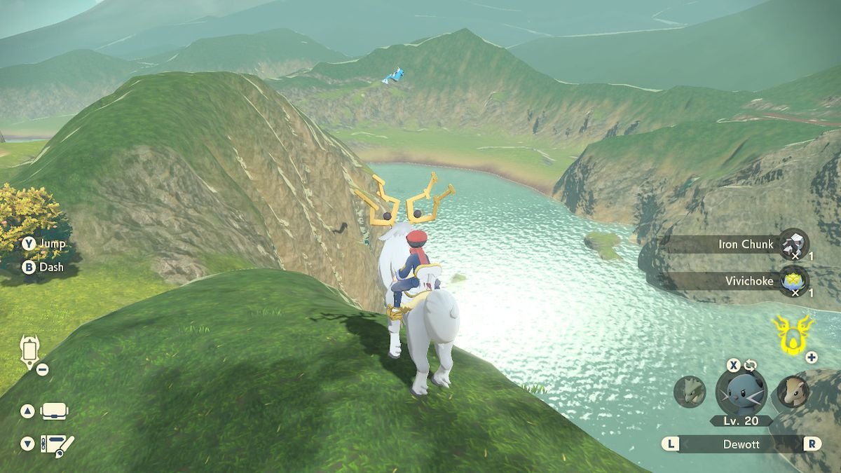 A trainer riding a Pokémon in Pokémon Legends: Arceus 