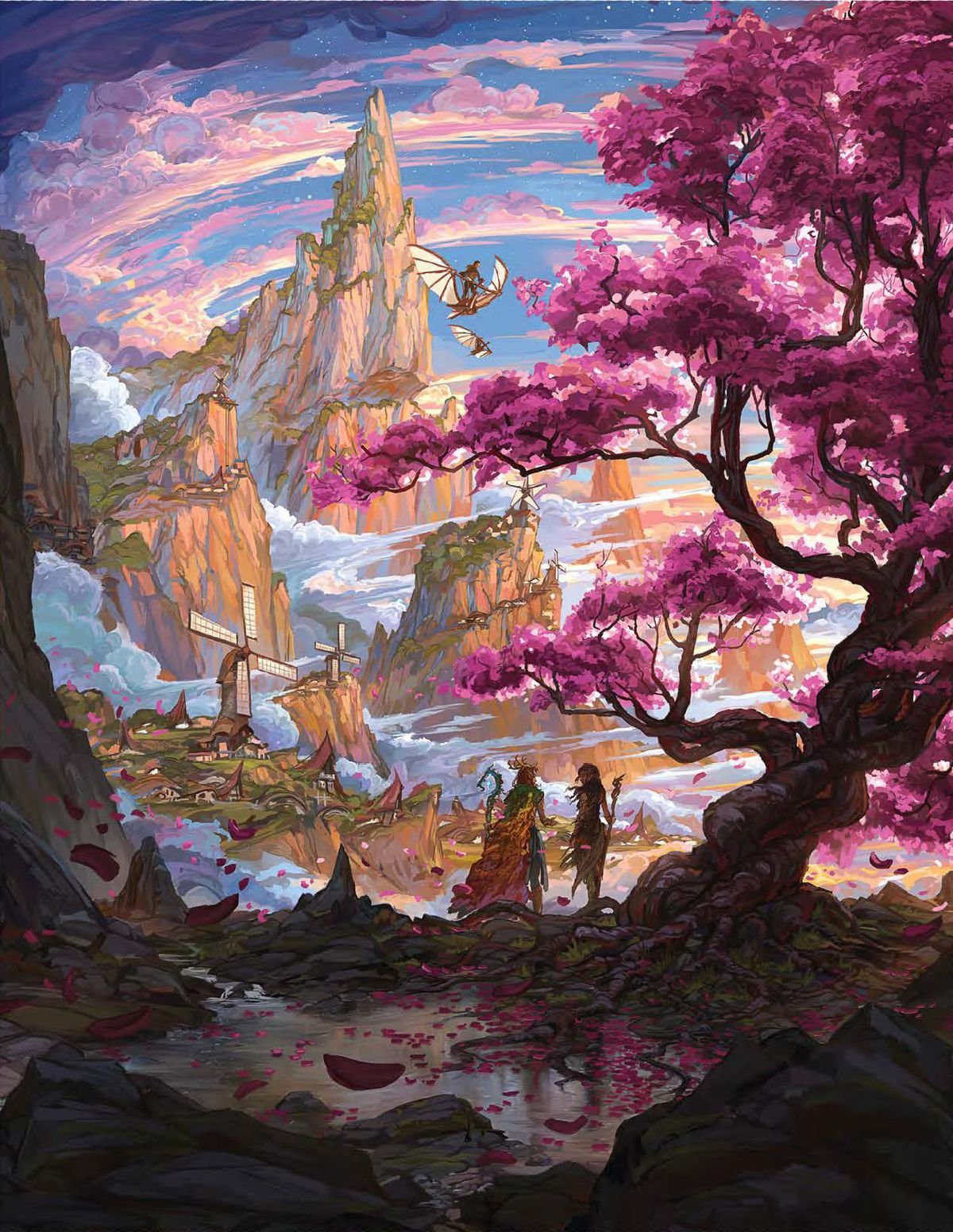 A pinacle of stone rises from a red forest. Individuals fly tiny, fragile airships on a cloudy breeze.