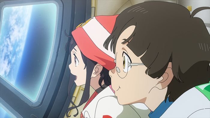 Hiroshi and Mina gazing out at Earth in The Orbital Children.