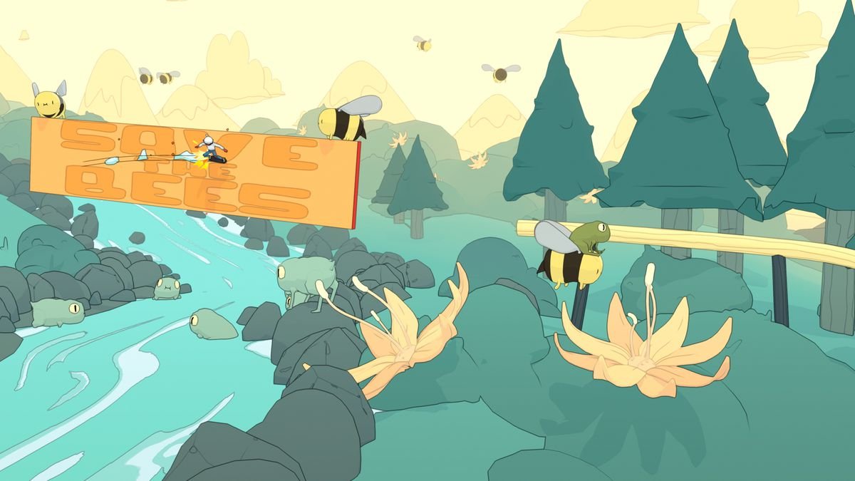 skateboarding across a billboard held by bees in OlliOlli World