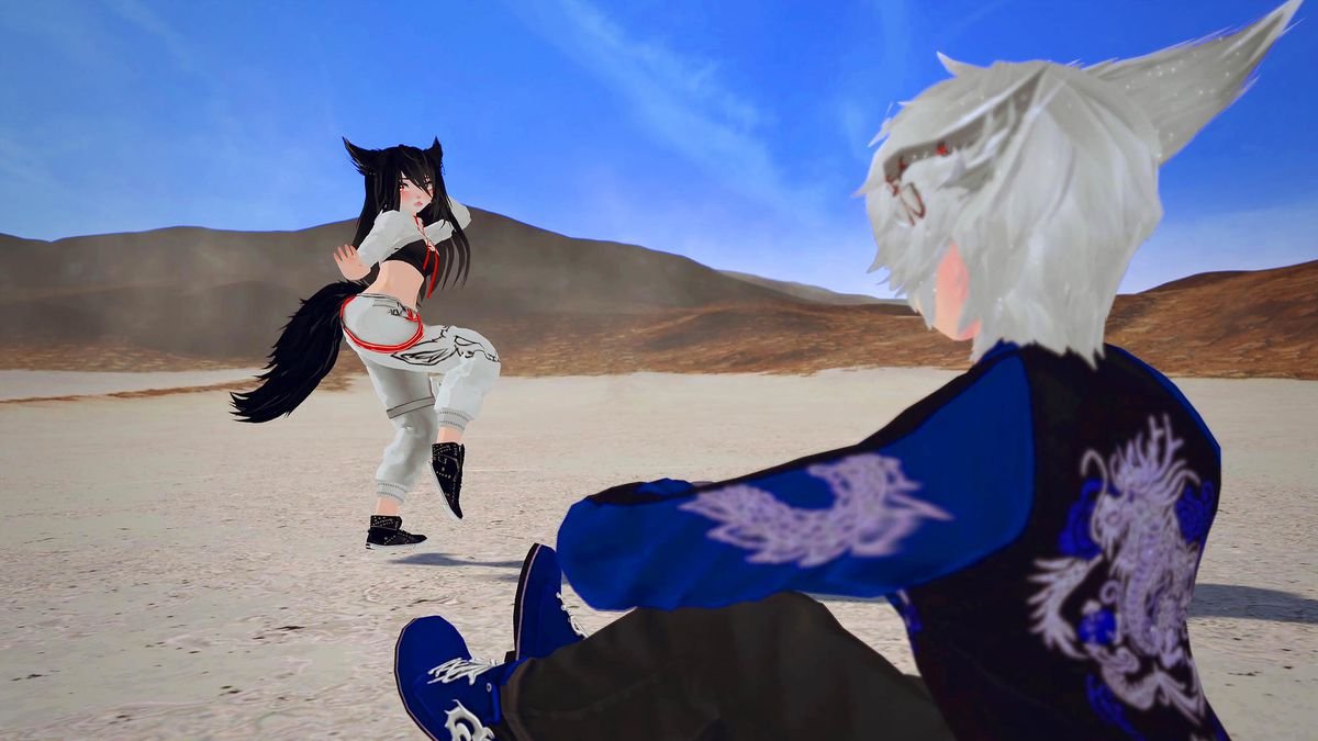 An anime-style virtual catgirl avatar dances for her catboy boyfriend in a desert in VRChat in the documentary We Met in Virtual Reality