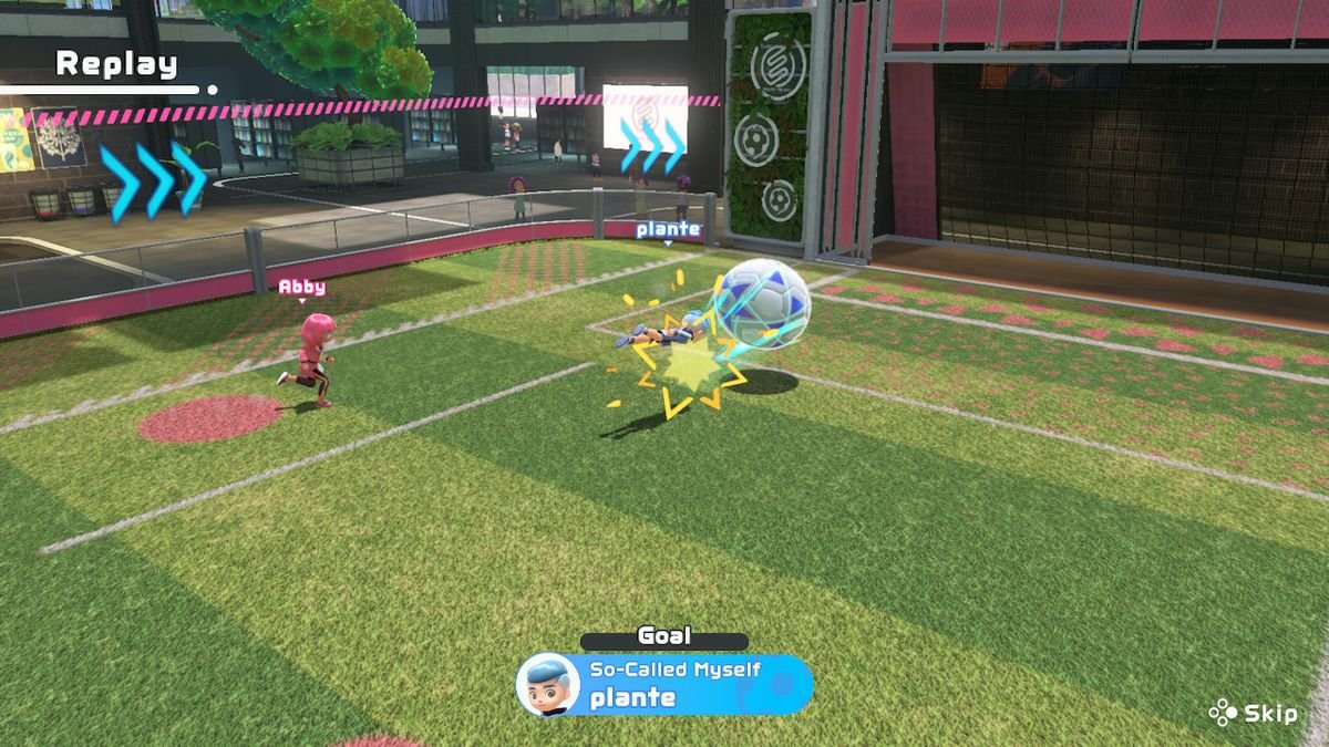 A player headbutts a ball in soccer in Nintendo Switch Sports