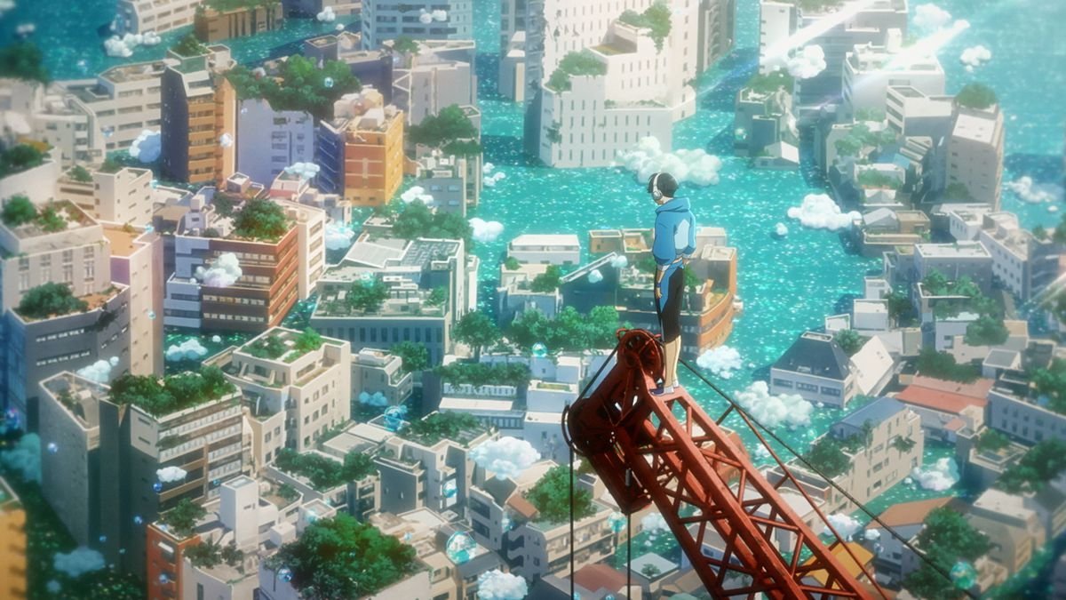 A tiny human figure stands on a gantry high above the flooded Toyko in Bubble