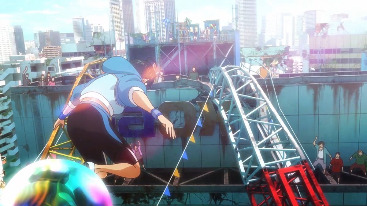 A parkour competitor leaps off a huge shining bubble in mid-air in the anime movie Bubble