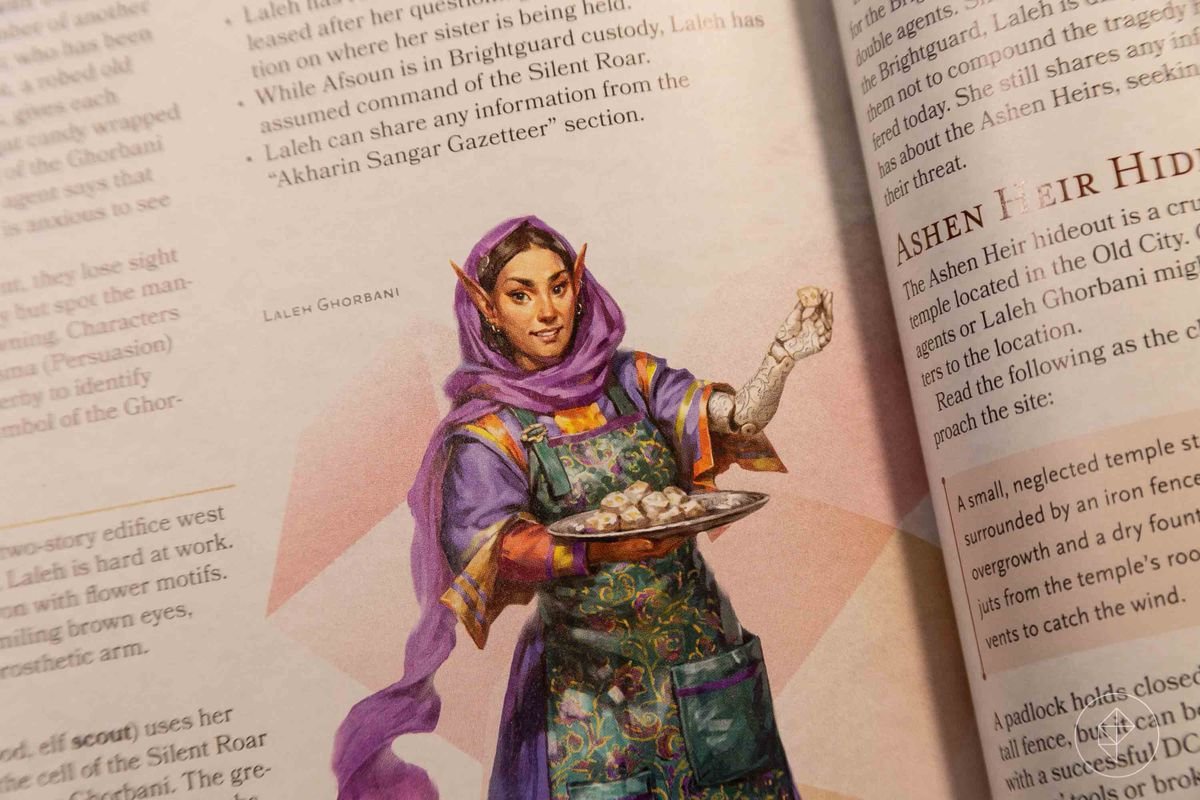 A woman in a hijab holds delicacies on a silver tray. Her left arm is prosthetic — and chased with beautiful silver strands.