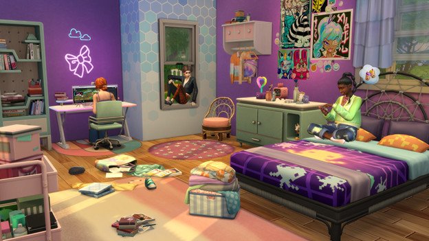 two sims in a colorful, purple bedroom