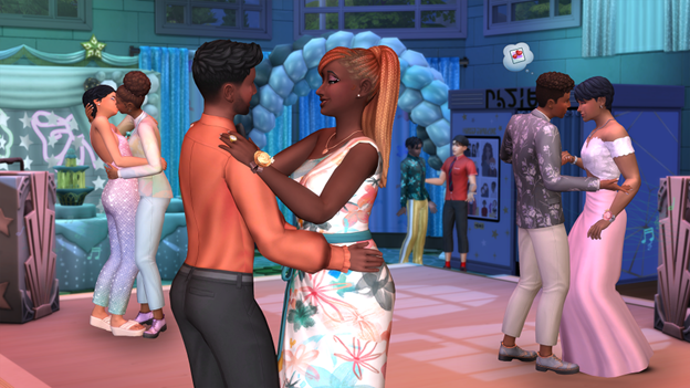 teen sims in formal wearing slow dancing at prom