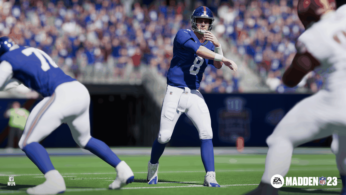 Giants QB Daniel Jones wings a pass as his line supplies blocking protection in Madden NFL 23