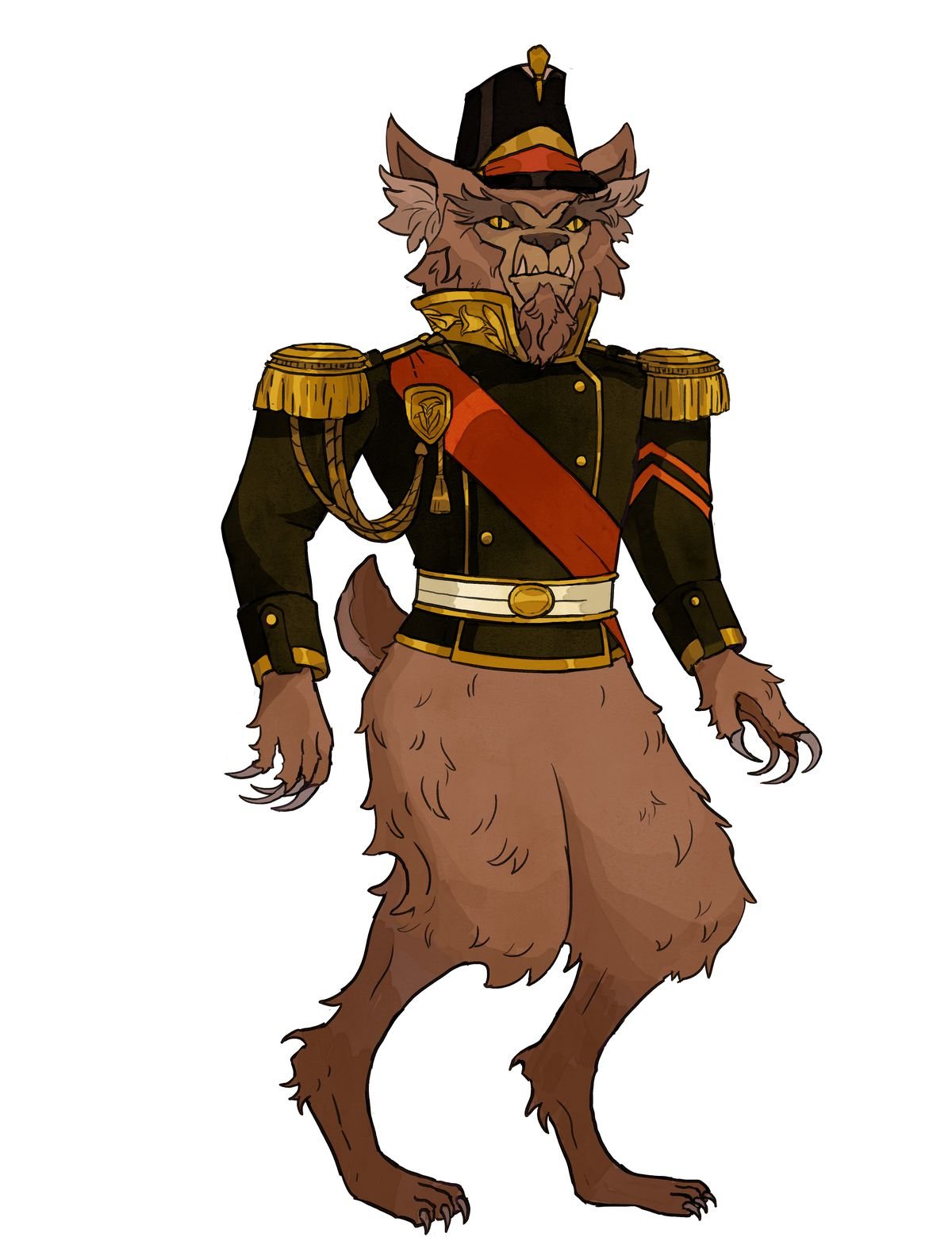 A humanoid wolf in a Regency-era military jacket and hat.