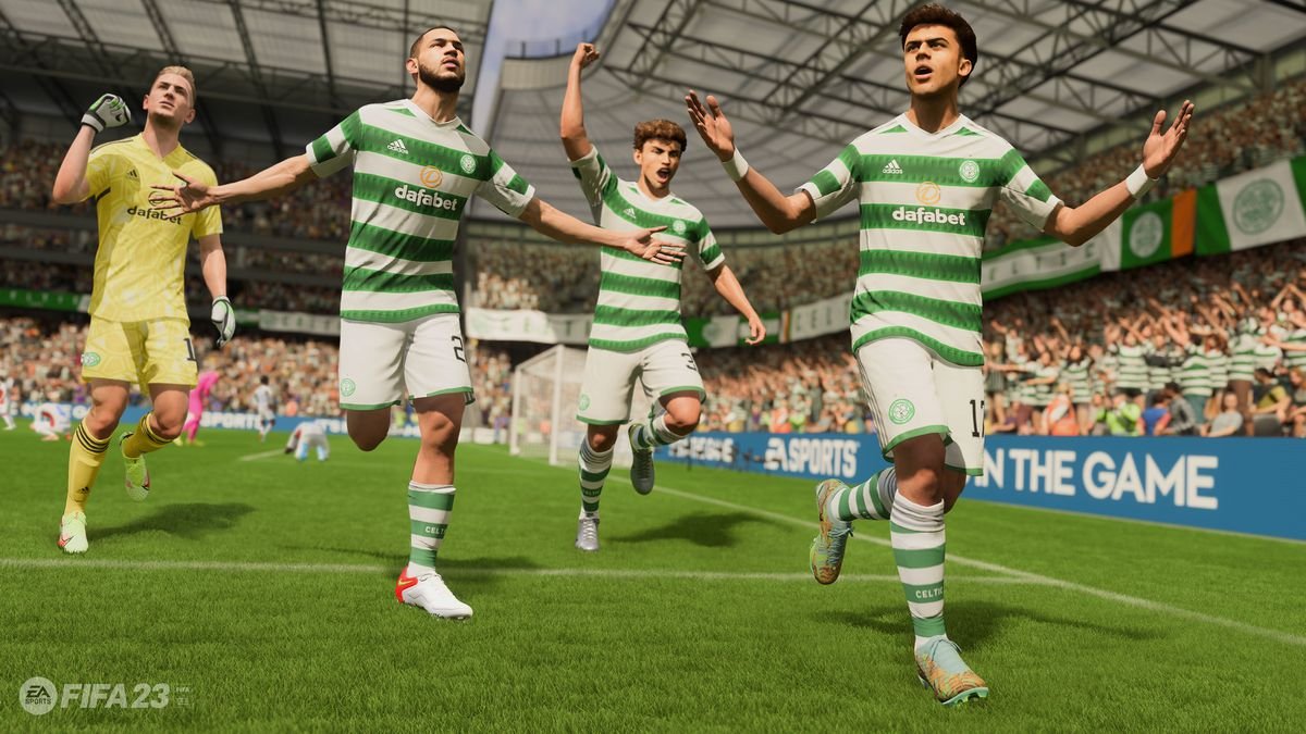 Three of Scotland’s Celtic FC players, plus the goalkeeper, celebrate in FIFA 23