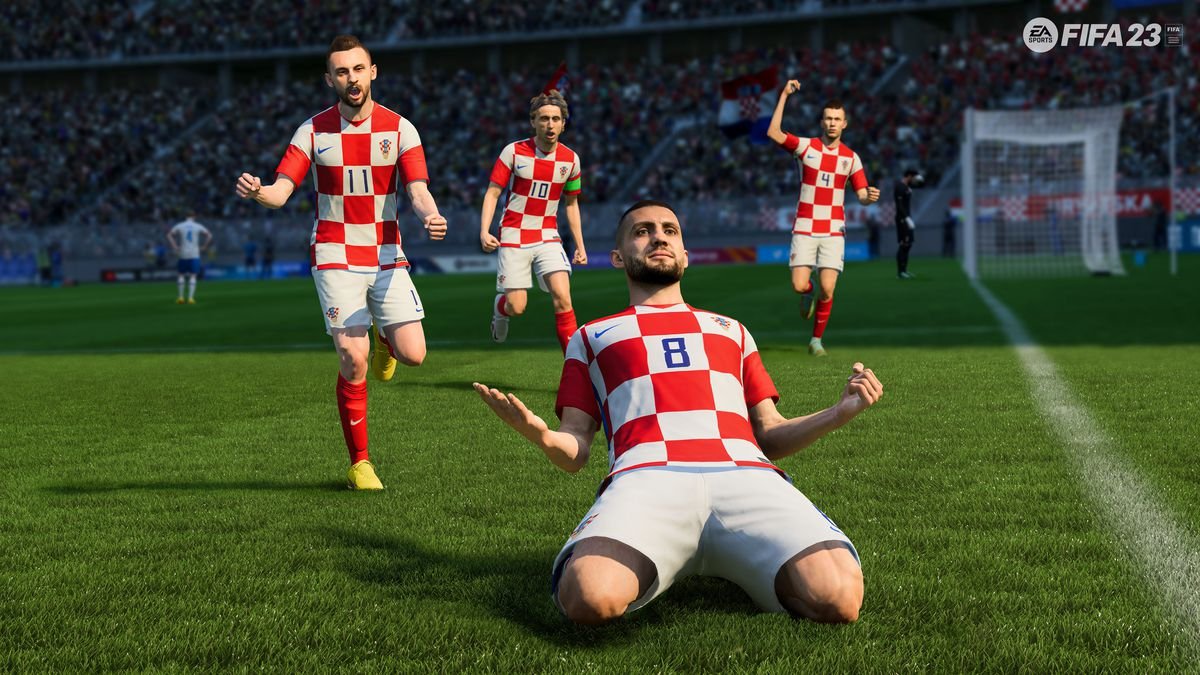 No. 8 for Croatia’s national team, in their distinctive red-and-white checkered kits, celebrates a goal in FIFA 23