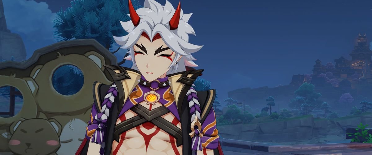 arataki itto smiling with his eyes closed in genshin impact