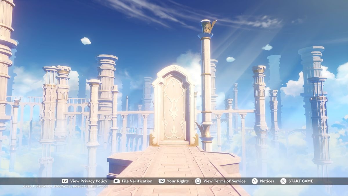 An image of the opening screen of Genshin Impact. It looks like an stone doorway in a celestial wonderland filled with other towering classic architecture set against a blue sky.