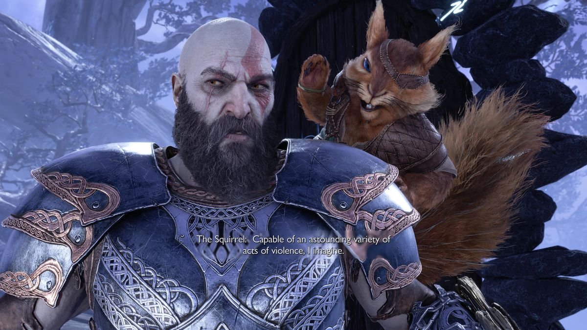 The squirrel-like Ratatoskr climbs on Kratos’ shoulders in God of War Ragnarök