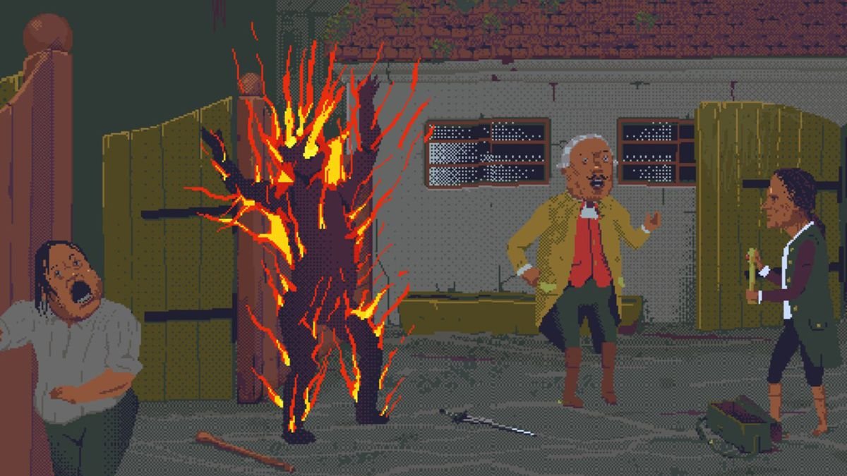 A person is on fire, and three people in 18th century garb look on, in a screenshot from The Case of the Golden Idol. 