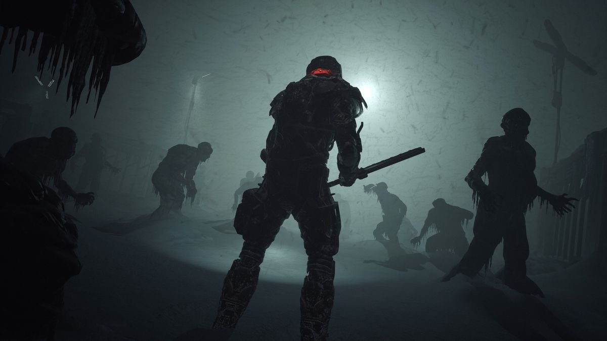 Jacob Lee holds a stun baton in his hands and walks through a series of frozen mutant bodies amid a blizzard in a still from The Callisto Protocol