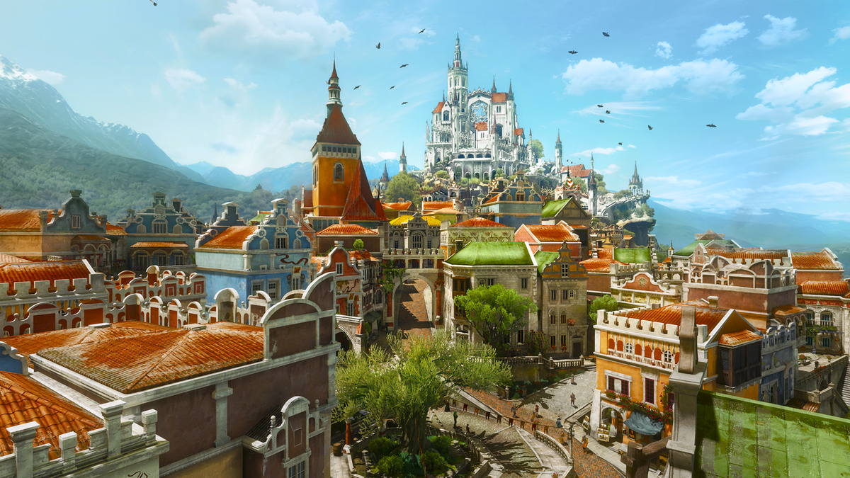 An aerial view of the Duchy of Toussaint in the Blood and Wind DLC in The Witcher 3: Wild Hunt on Xbox Series X