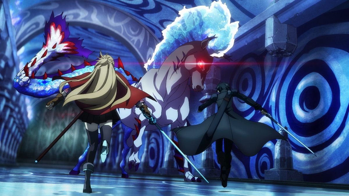 Kazuto “Kirito” Kirigaya and Yuuki Asuna charge into battle against a giant horse-like creature with glowing red eyes and a mane made out of water in Sword Art Online Progressive: Scherzo of Deep Night