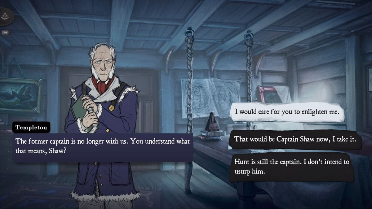 A screen with several dialogue choices pops up as Captain Shaw speaks to a crew member below deck in The Pale Beyond