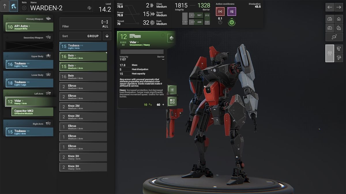 The inventory/component screen for a mech in Phantom Brigade