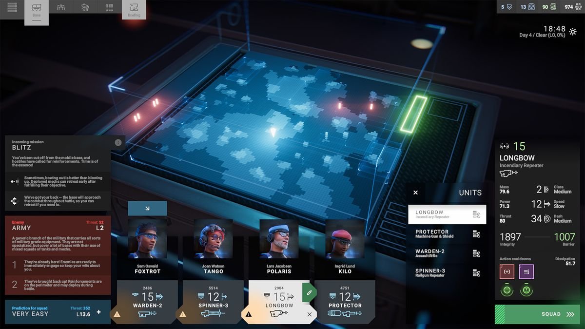 The campaign map in Phantom Brigade, showing the player’s various pilots and mechs