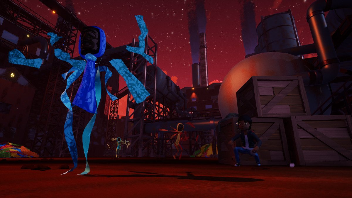 A creature made out of blue fabric takes a humanoid space in a dark factory. The sky has turned red.