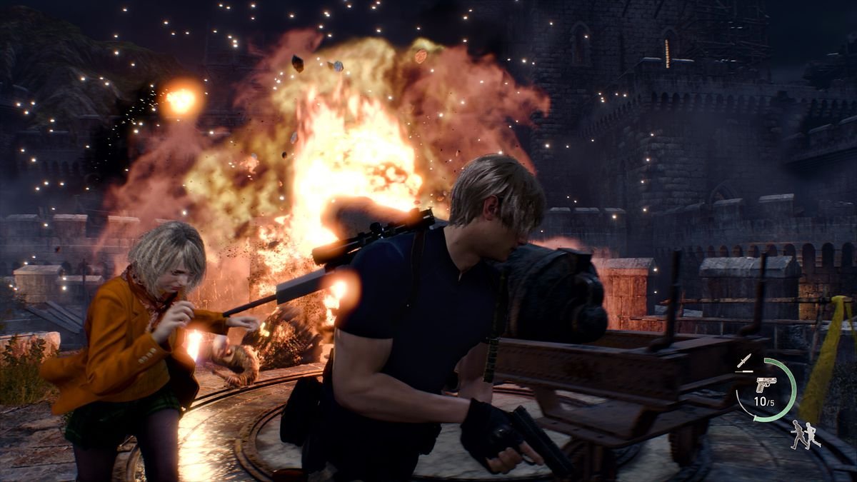 Leon and Ashley run away from an explosion in a screenshot from Resident Evil 4