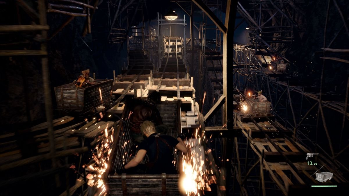 Leon and Luis ride in a minecart, while Ganados wielding chainsaws and flaming arrows attack in a screenshot from Resident Evil 4