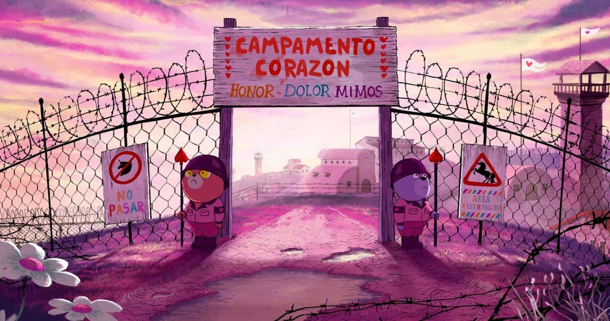 The front gate of the bears’ military camp in the animated feature Unicorn Wars, with two gruff-looking bear guards, razor wire, and several “no unicorn” signs