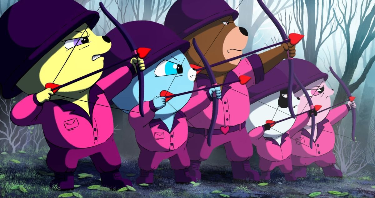 A pink bear, panda bear, brown bear, blue bear, and yellow bear all wearing hot pink military uniforms fire arrows with heart-shaped tips in Unicorn Wars