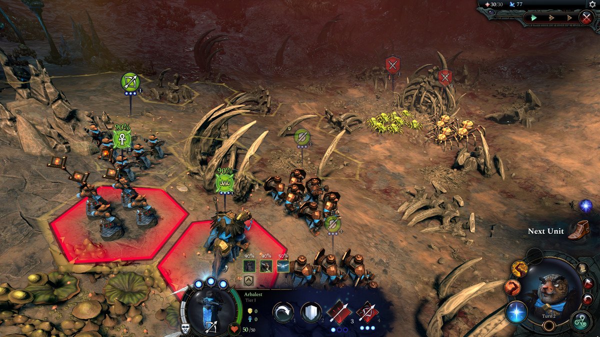 A turn-based tactical battle plays out in Age of Wonders 4, between an army of molekin, which is spread out across several hexes, and spider-like enemies