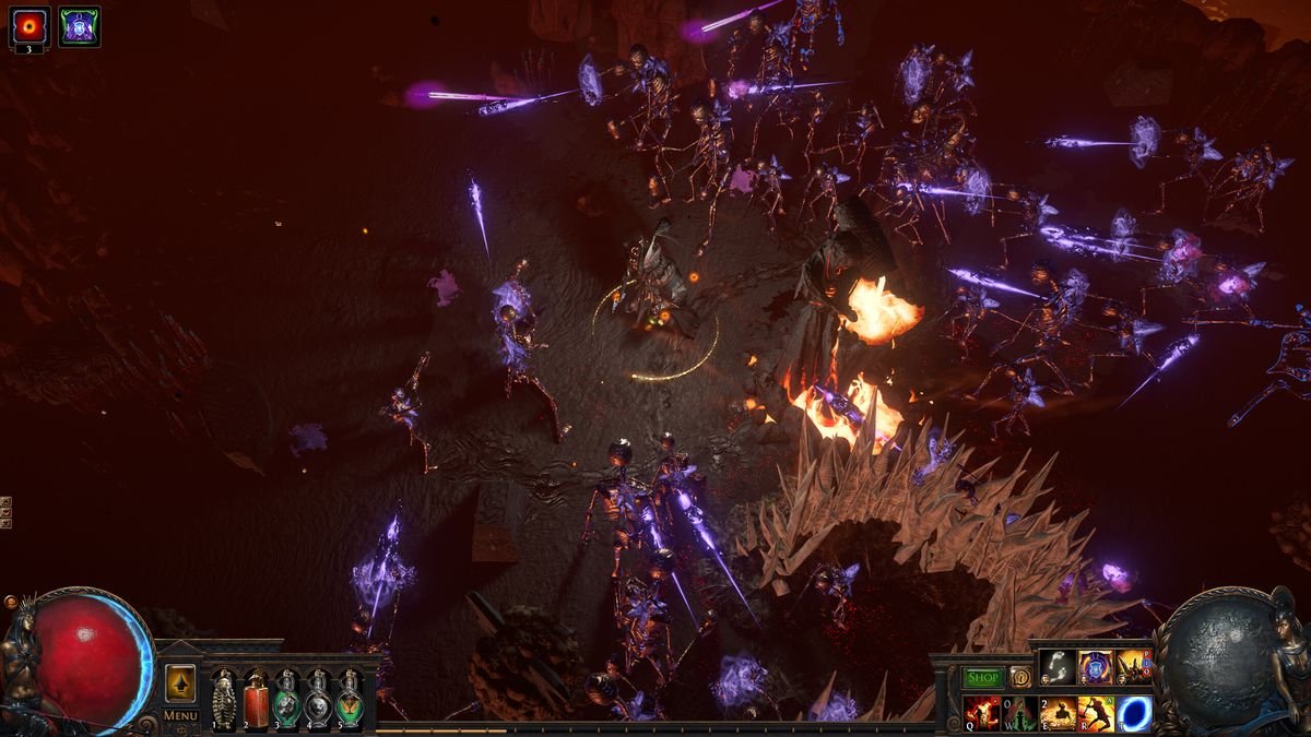 A heavily armored character is surrounded by undead enemies wielding purple swords in Path of Exile