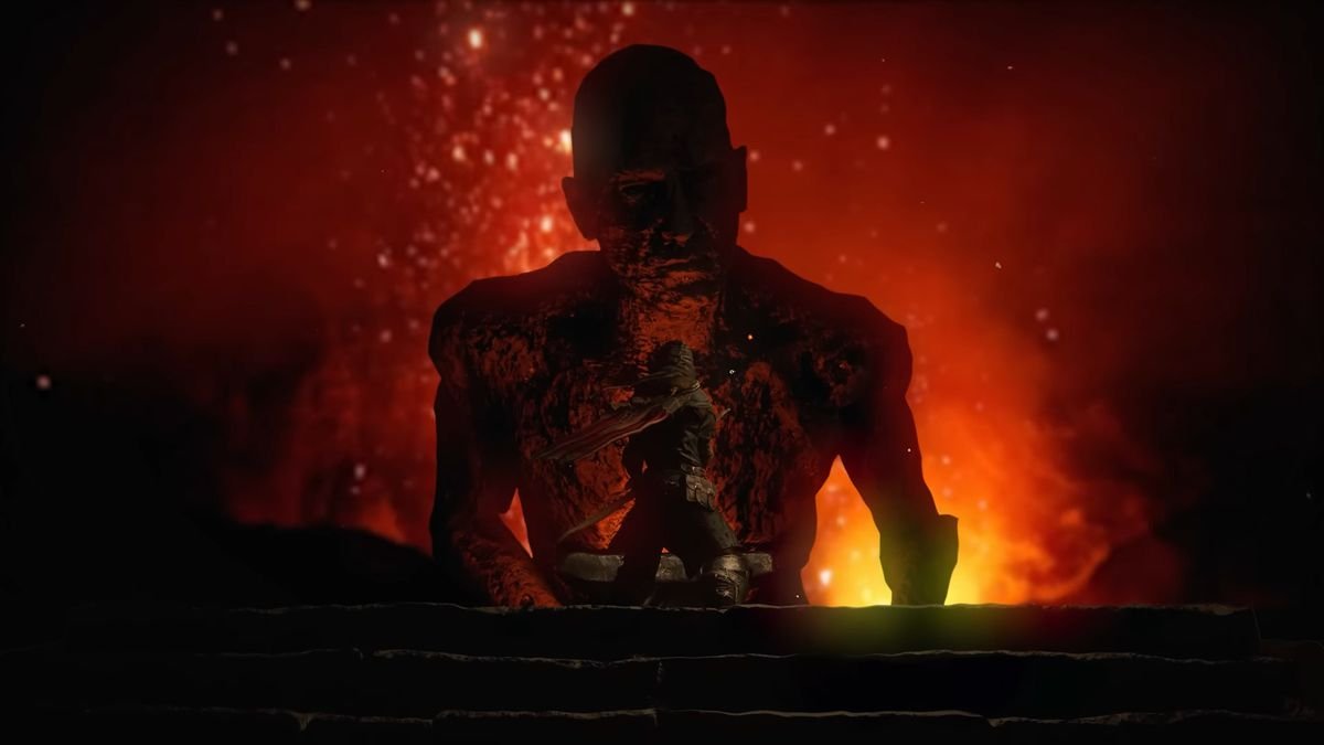 A Rogue-class character stares up at a fiery, brimstone-esque giant in Path of Exile