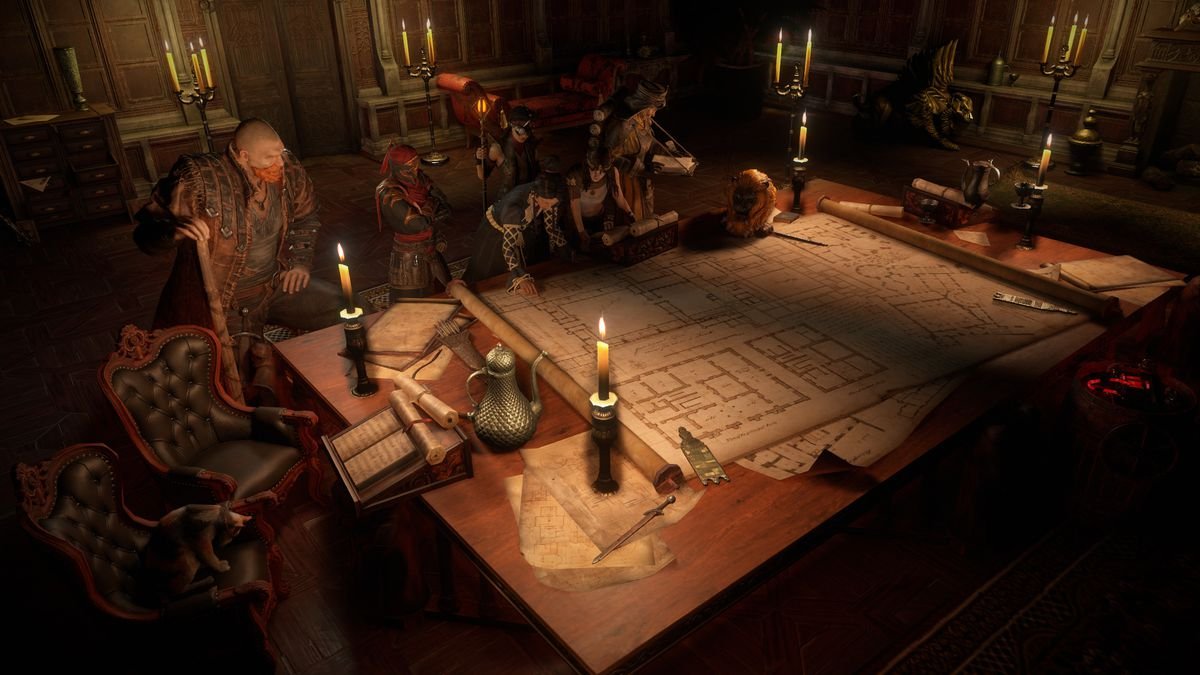 Characters gather around a table to consult tomes and maps in Path of Exile