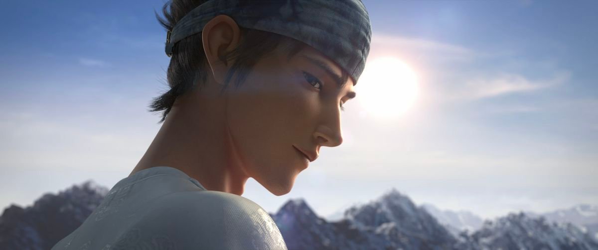 Yang Jian, a young Chinese man in white robes and a blue headband, smirks over his shoulder at the camera in a closeup from the CG animated film New Gods: Yang Jian