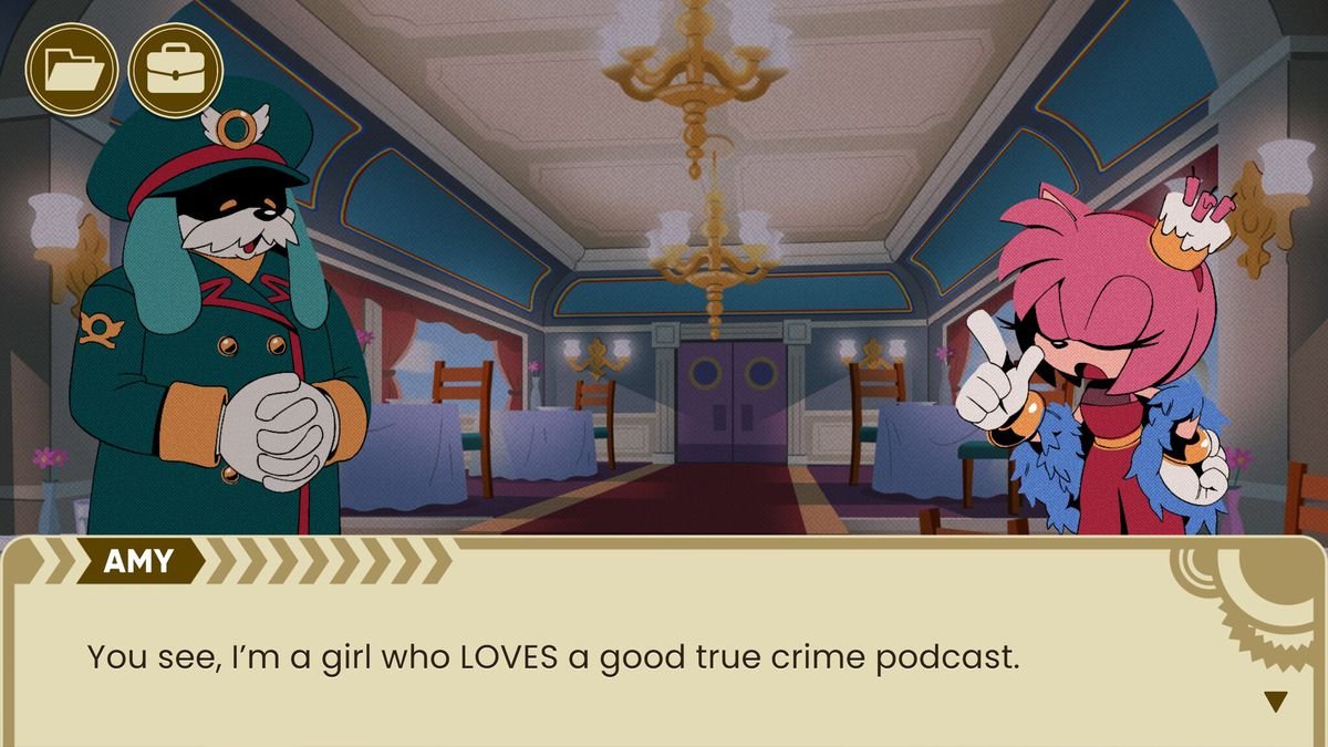 Amy Rose tells the conductor about her true crime hobby in  The Murder of Sonic the Hedgehog