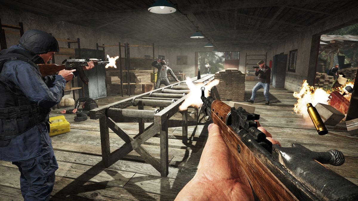 The player engages in a firefight with smugglers at a saw mill in Contraband Police.