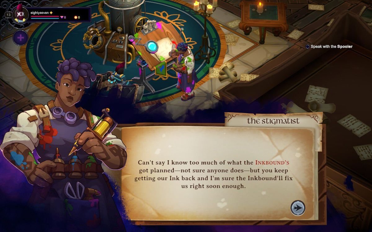 The player interacts with the Stigmatist NPC in a dialogue scene in Inkbound