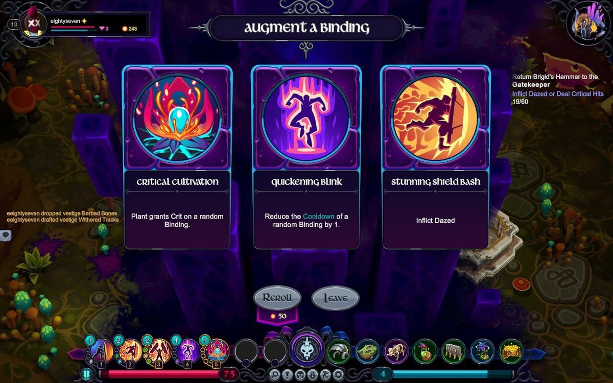The player selects between three modifiers, represented as card abilities, during a run in Inkbound