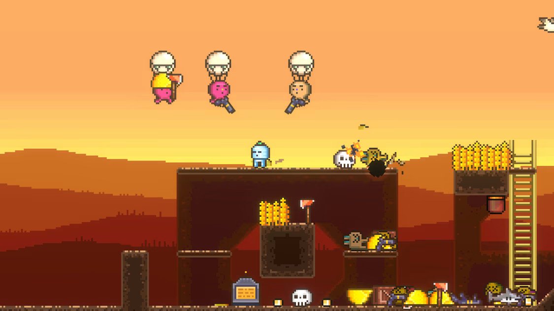 Potential agents in Mr. Sun’s Hatbox get “recruited” by riding away on hot air balloons, as depicted in this screenshot of one of the game’s 2D platforming levels