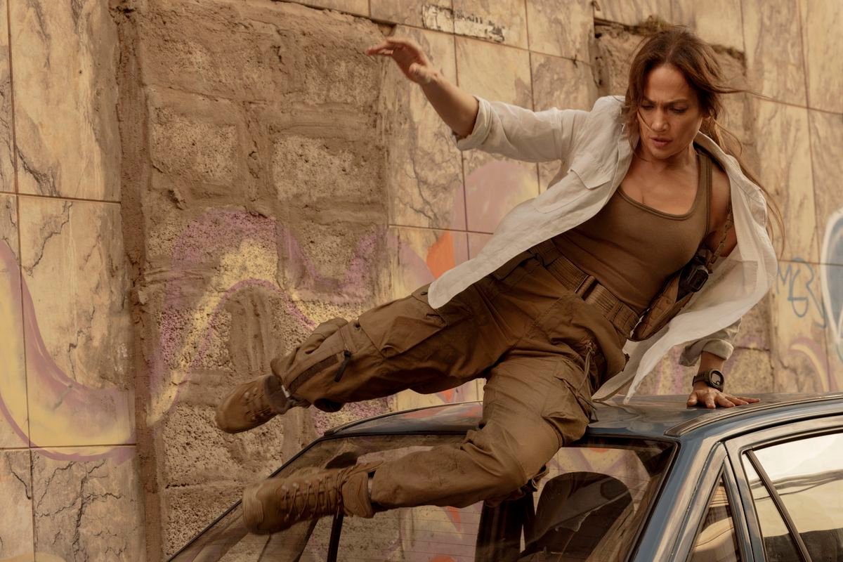 Jennifer Lopez leaps over the top of a car in The Mother.