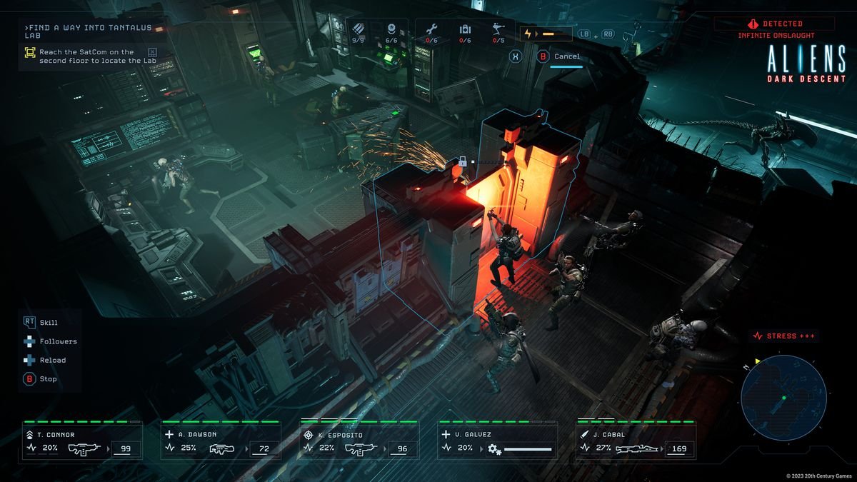 An USMC Marine welds a door shut while xenomorphs crawl around the party in Aliens: Dark Descent.