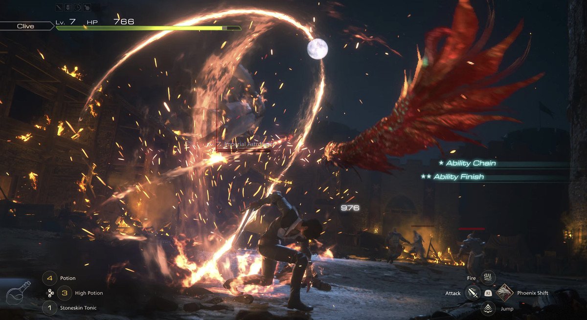 Clive uses a fiery whip-like attack against a winged enemy called an Imperial Astrologer in Final Fantasy 16