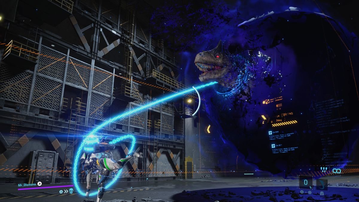 An exosuit uses its foot to lasso a T-Rex, which is emerging from a purple wormhole in the middle of a massive warehouse