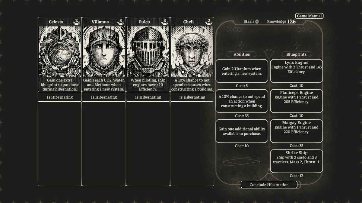 A screen showing four monks, along with their traits and descriptions, in The Banished Vault