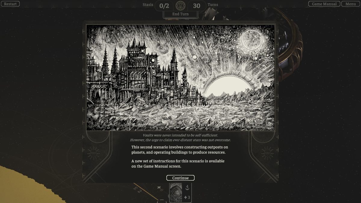 A scenario arises in The Banished Vault, showing the spires of a castle-like structure on a barren world with a rising sun