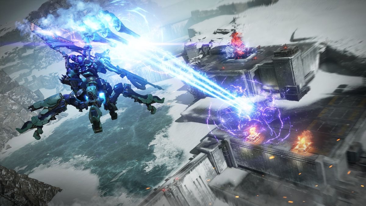 The AC of 621 rains laser fire down on enemies in a screenshot from Armored Core 6: Fires of Rubicon