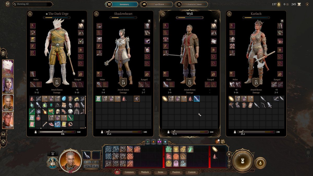 The inventory screen for the Dark Urge Tav character, Shadowheart, Wyll, and Karlach in Baldur’s Gate 3