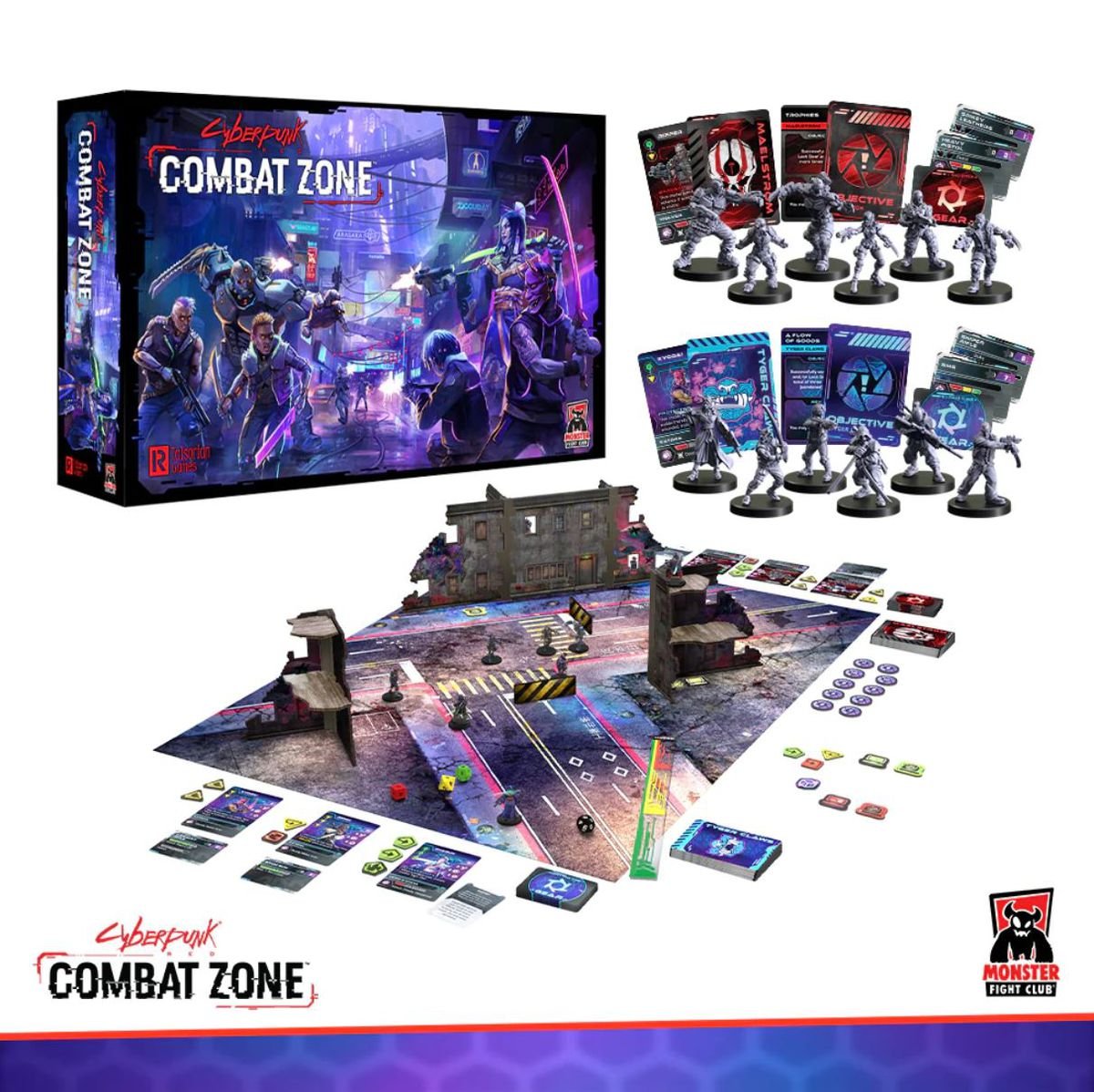 A photo showing the contents of the Cyberpunk Red: Combat Zone starter set, including a game board, cards, tokens, and rulers.