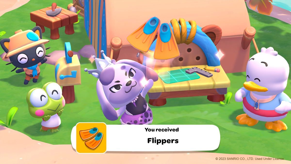 An image of a dog character in Hello Kitty Island Adventure crafting flippers. There are other characters smiling around it like Keroppi and Chococat.